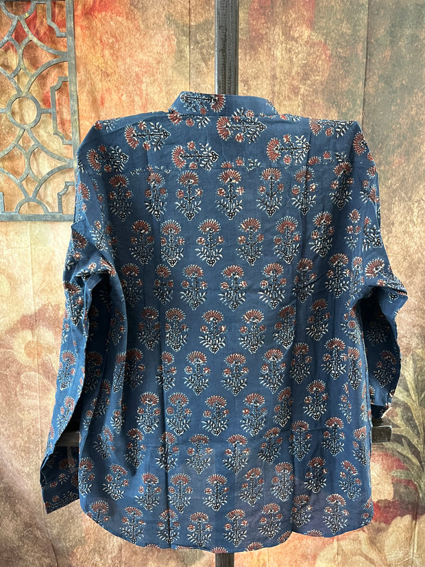 Indigo blue ajrakh hand block printed cotton shirt- Size 40