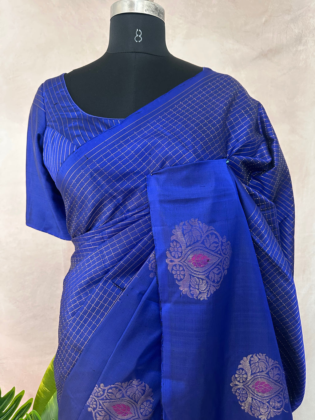 Blue pure Kanchivaram soft silk saree with stitched blouse