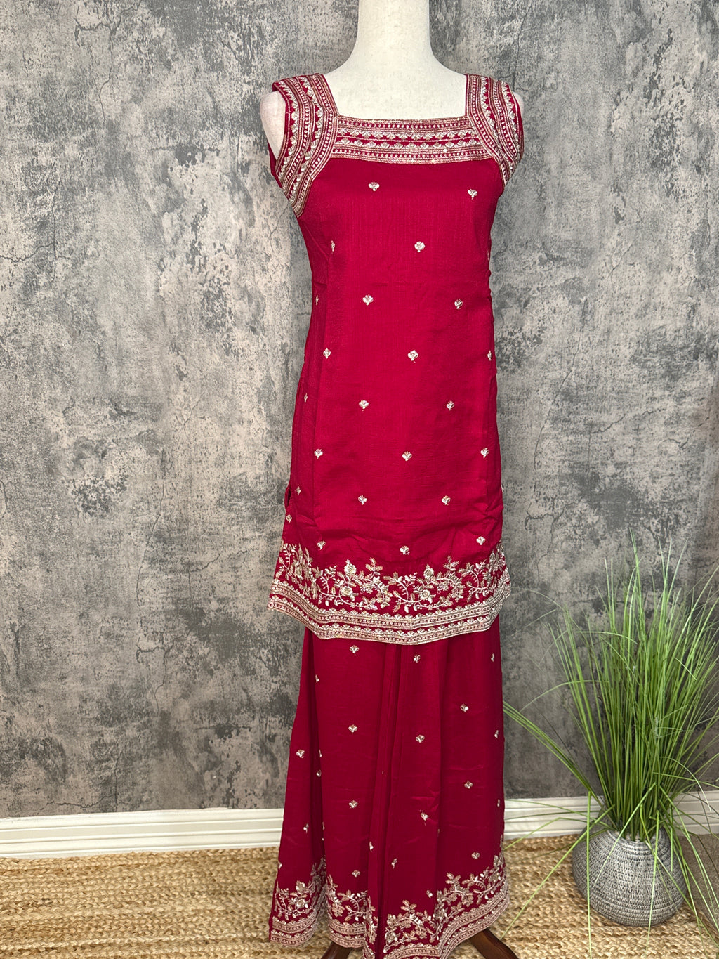 Red short top with palazo pants and dupatta
