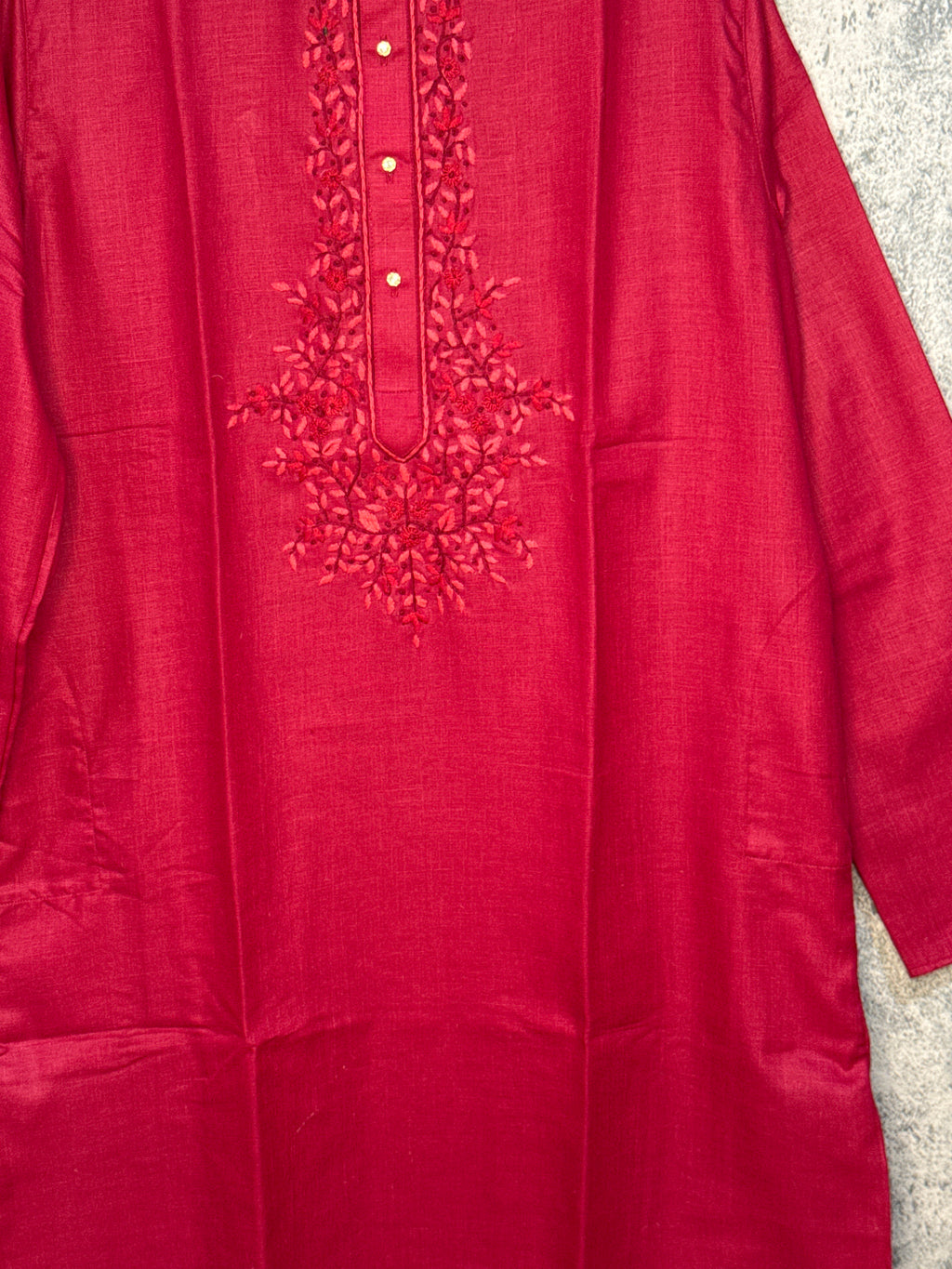 Maroon cotton kurta with hand emroidery on the neck