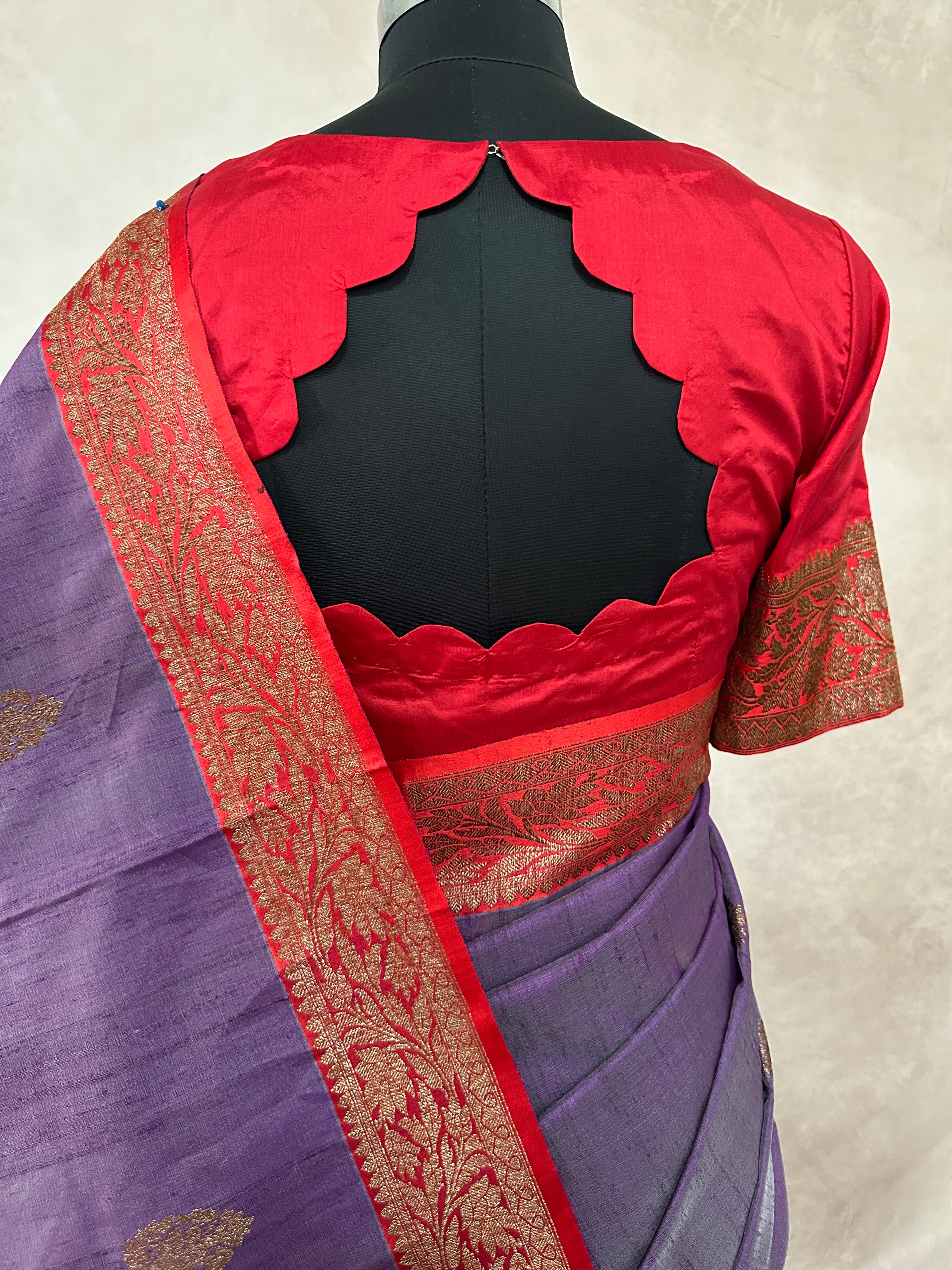 Egg plant raw silk saree with red banarsi borderr with stitched blouse