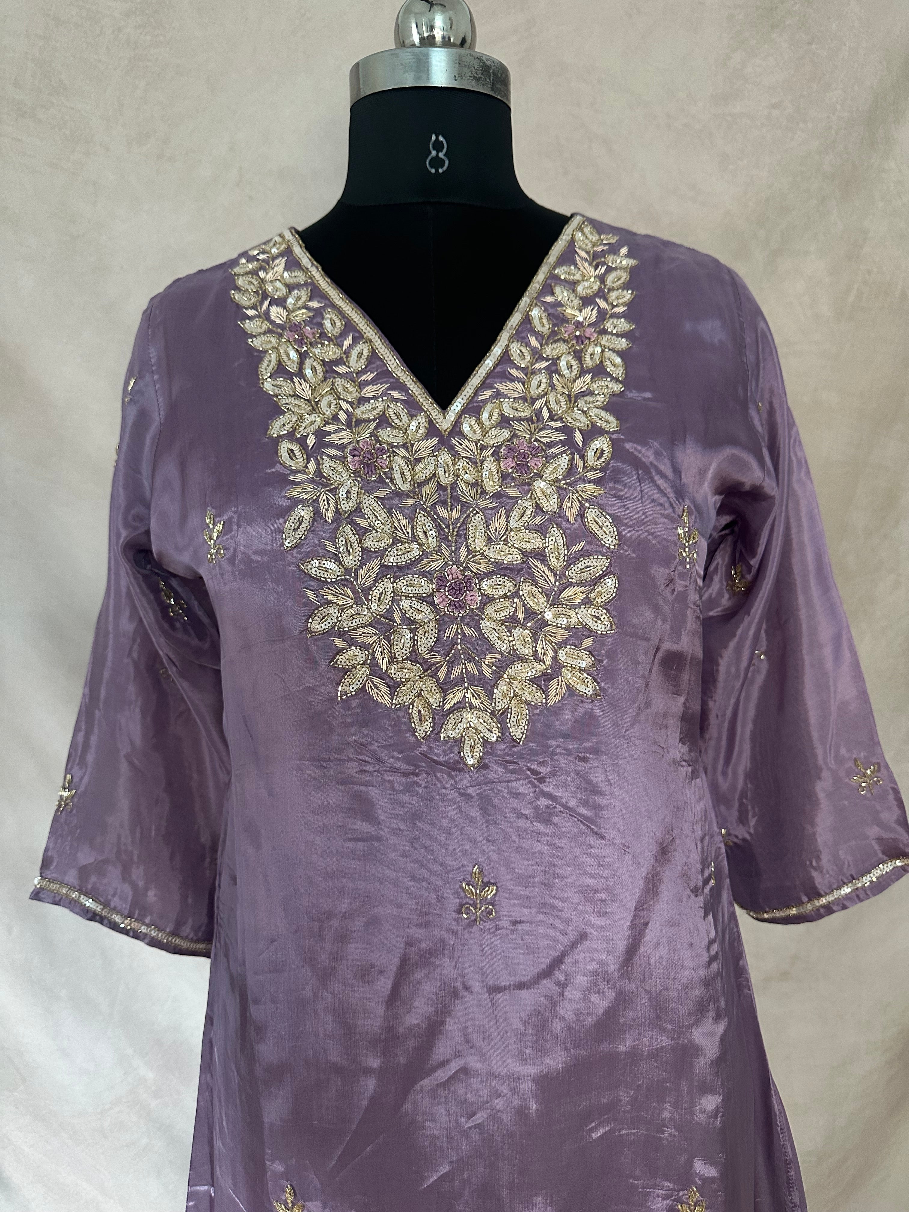 Lilac tissue silk kurti with bottom and dupatta