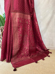 Reddish maroon printed pure tussar silk saree with banarsi border and kantha work , with BP