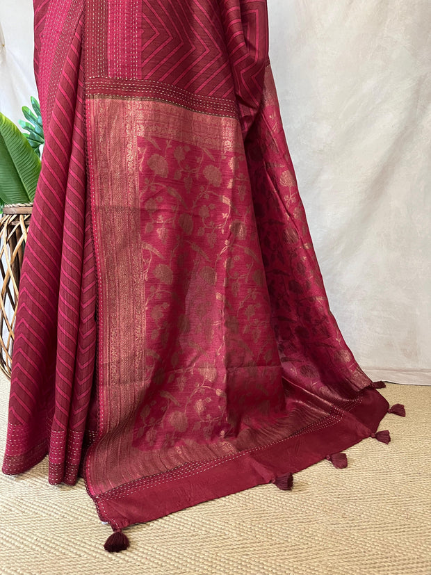Reddish maroon printed pure tussar silk saree with banarsi border and kantha work , with BP