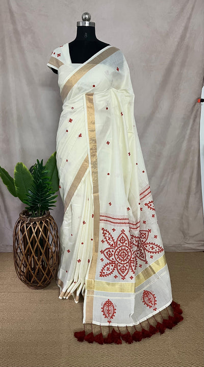 Soft cotton saree with Kutch and mirror work, and Pompom