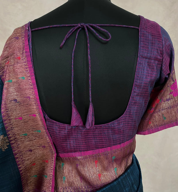 Pure Dupion silk Teal blue saree with muniya border and stitched blouse