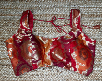 Red and orange brocade banarsi sleeveless blouse
