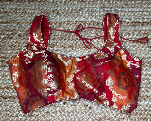 Red and orange brocade banarsi sleeveless blouse