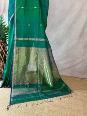 Green double shaded Maheswari silk cotton saree with stitched blouse