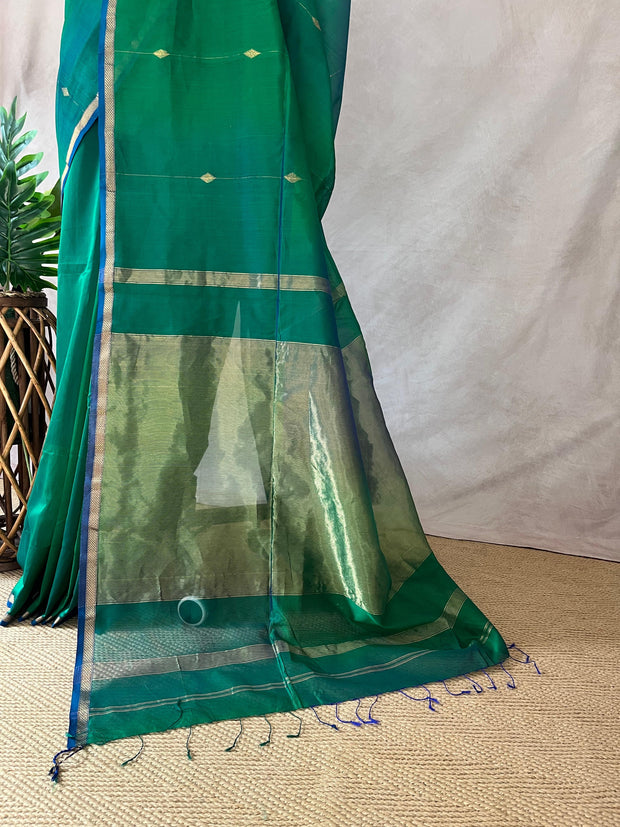 Green double shaded Maheswari silk cotton saree with stitched blouse