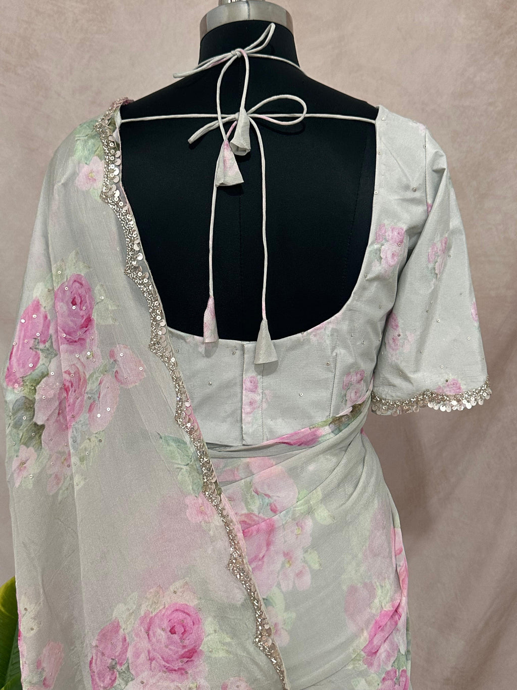 Crepe saree with sequins border , blouse and under skirt