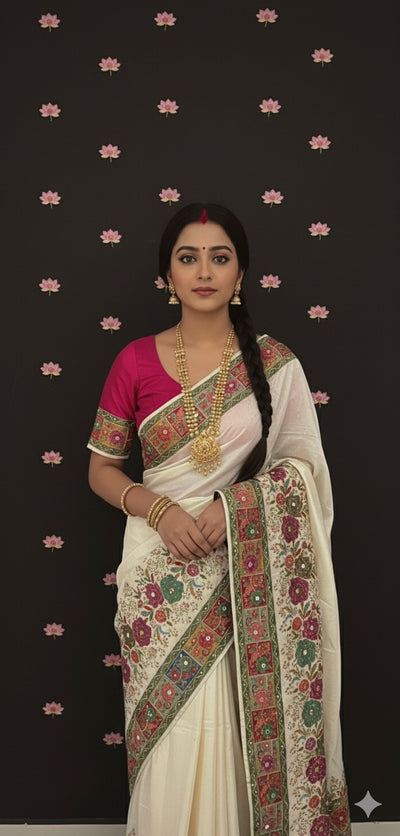 Cream munga silk saree with stitched blouse