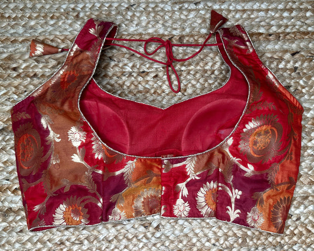 Red and orange brocade banarsi sleeveless blouse