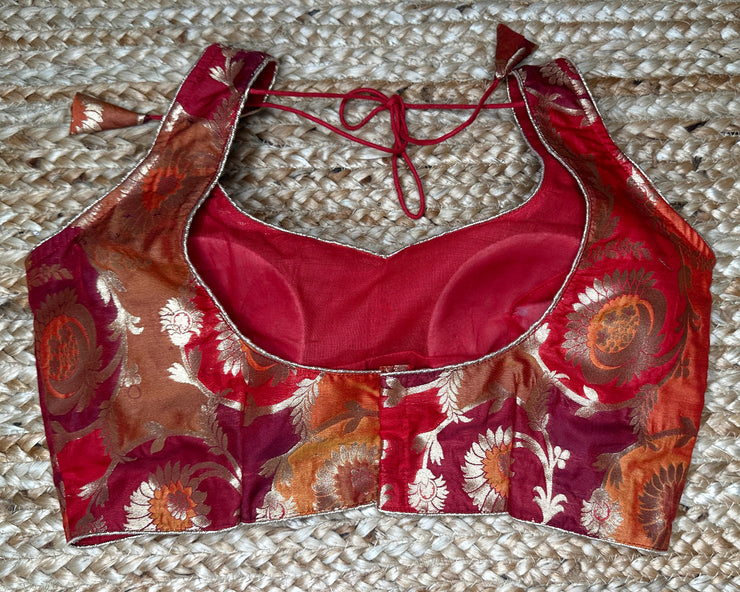 Red and orange brocade banarsi sleeveless blouse