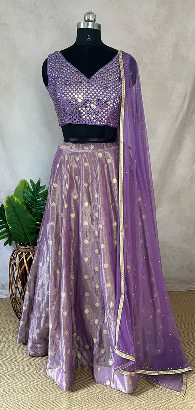 Lilac tissue silk lehanga with mirror work blouse