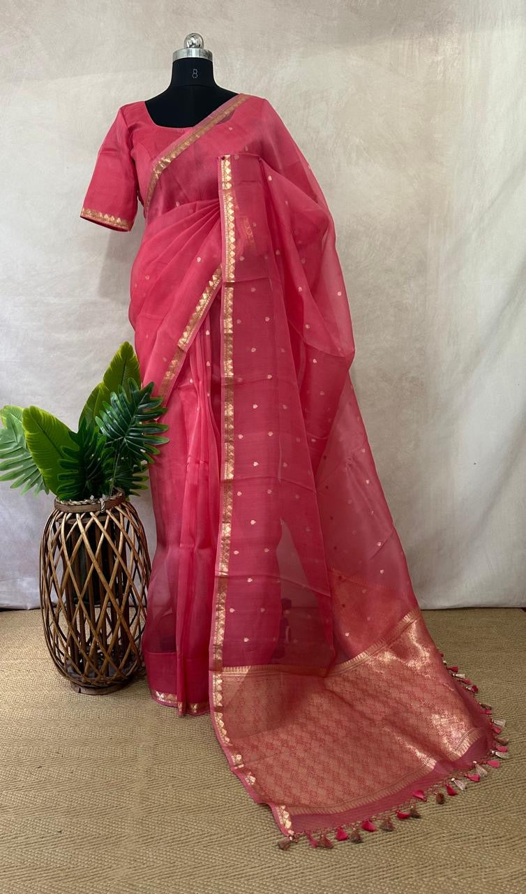 Kora silk saree with small border and stitched blouse and under skirt