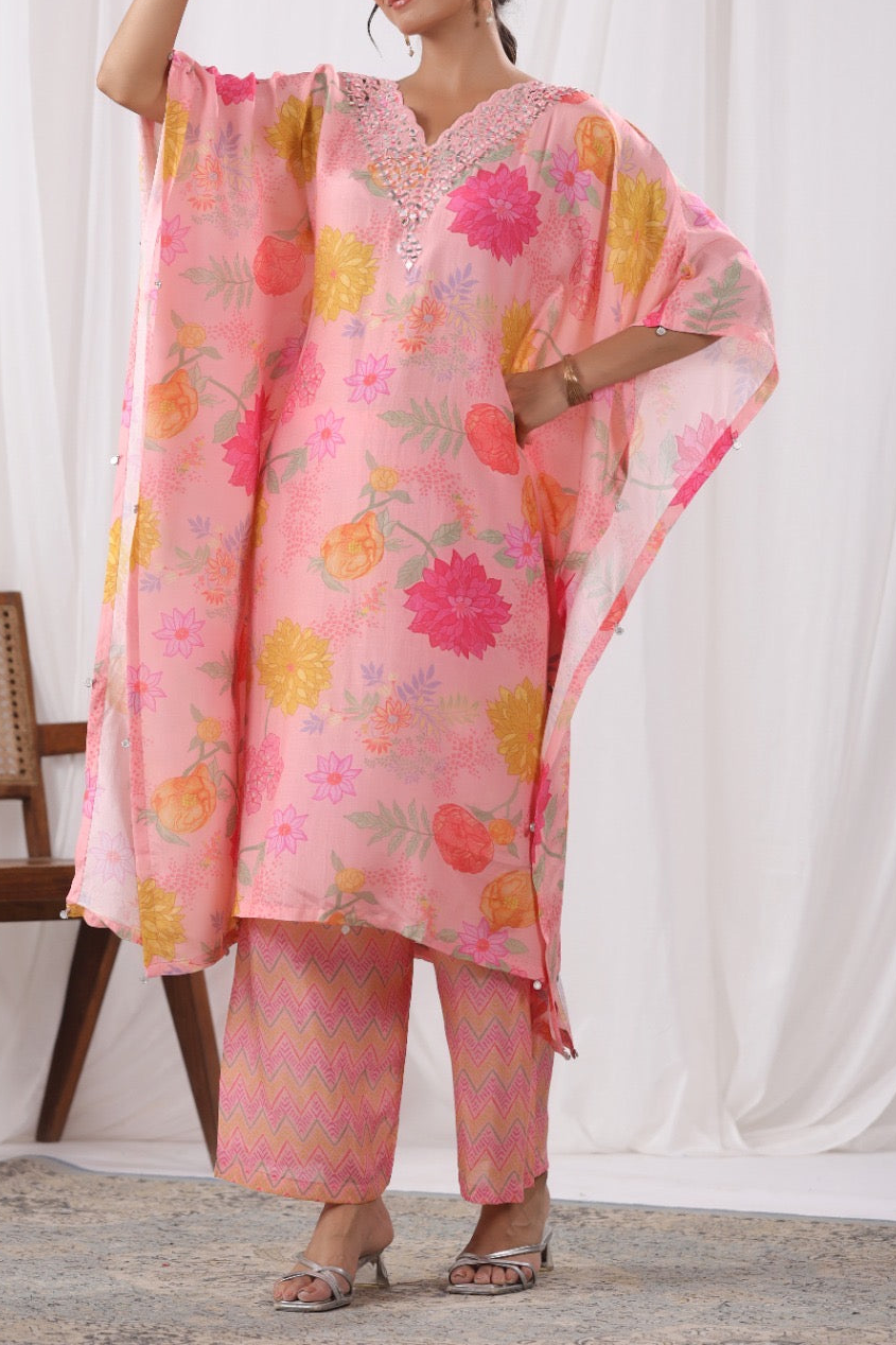 Light peach printed kaftan with bottom