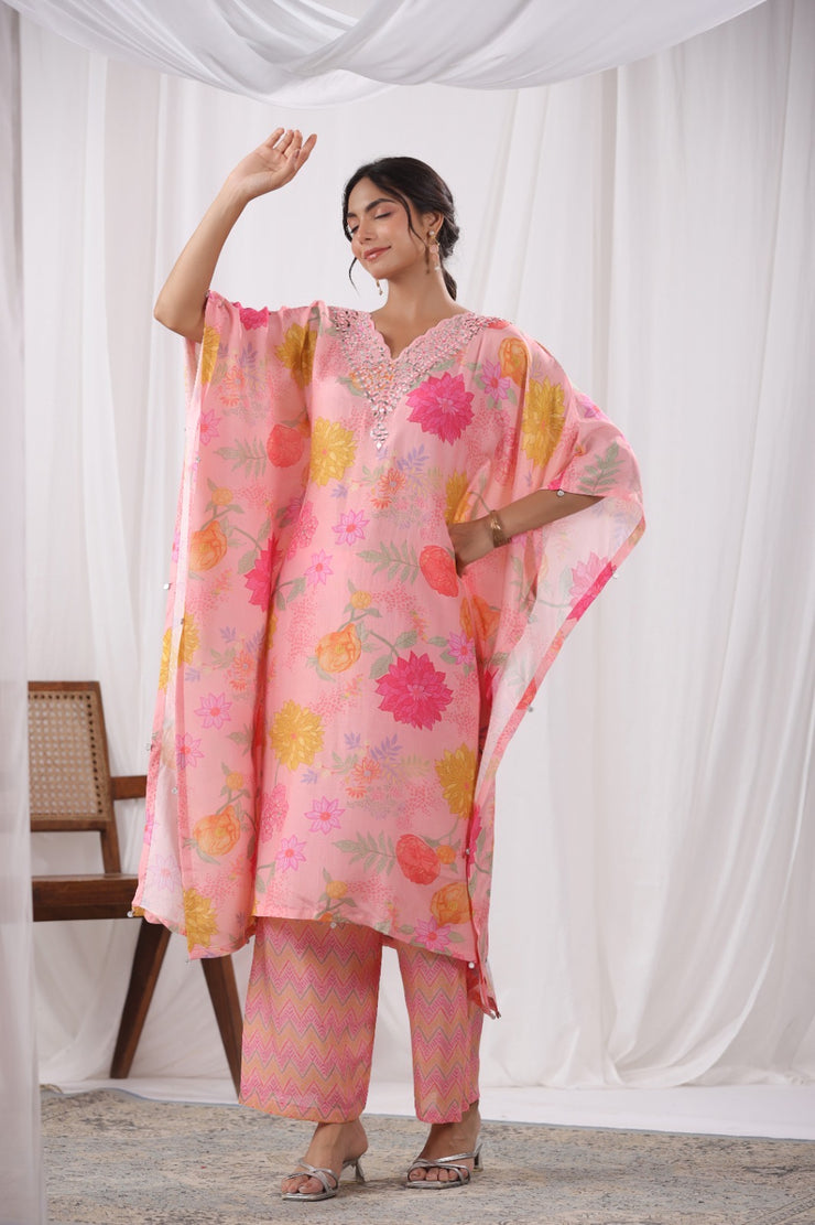 Light peach printed kaftan with bottom