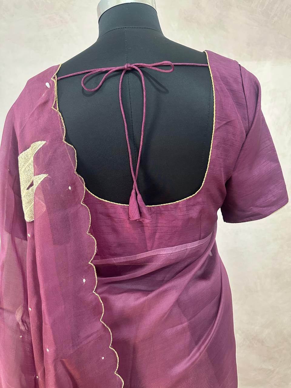 Purple organza saree with stitched blouse