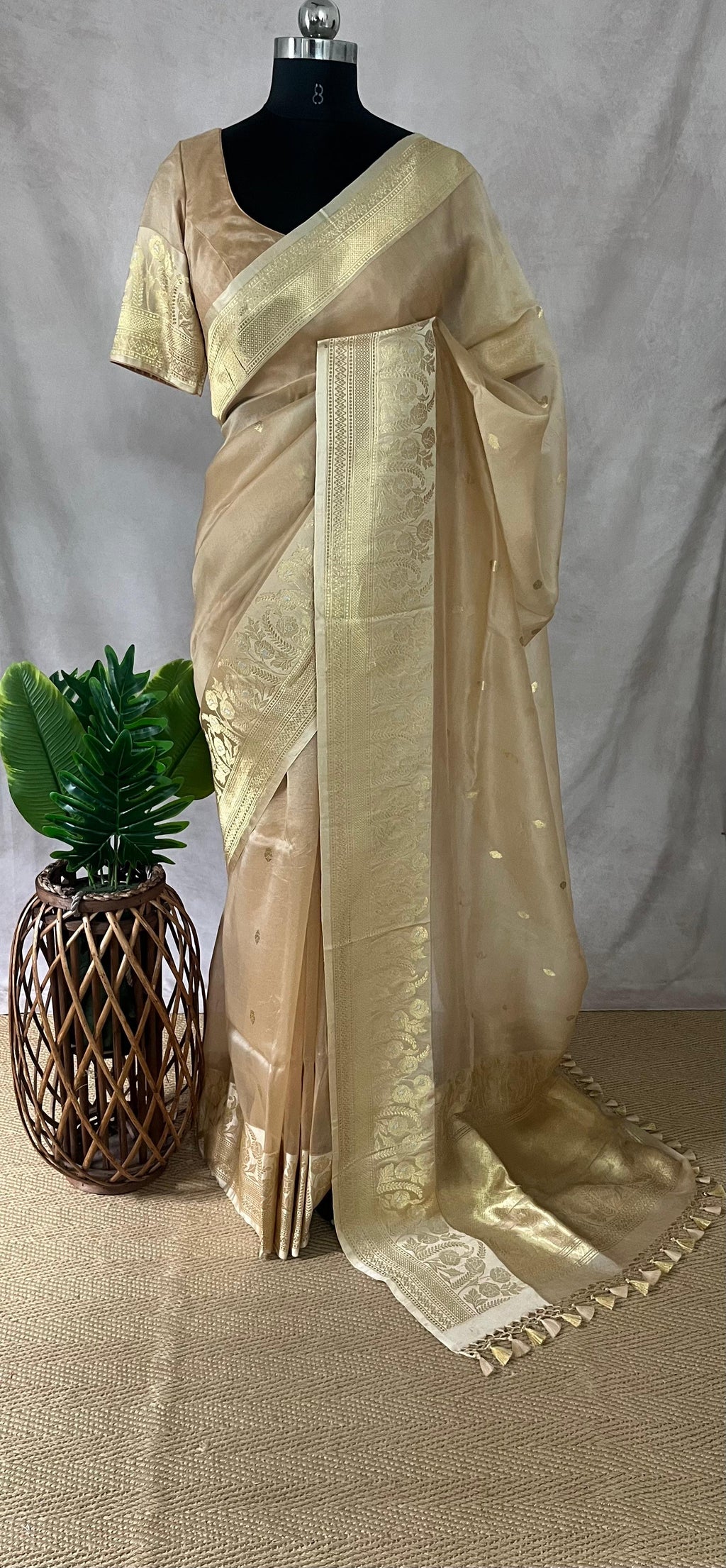 Sandal color pure organza silk saree with katan border and stitched blouse