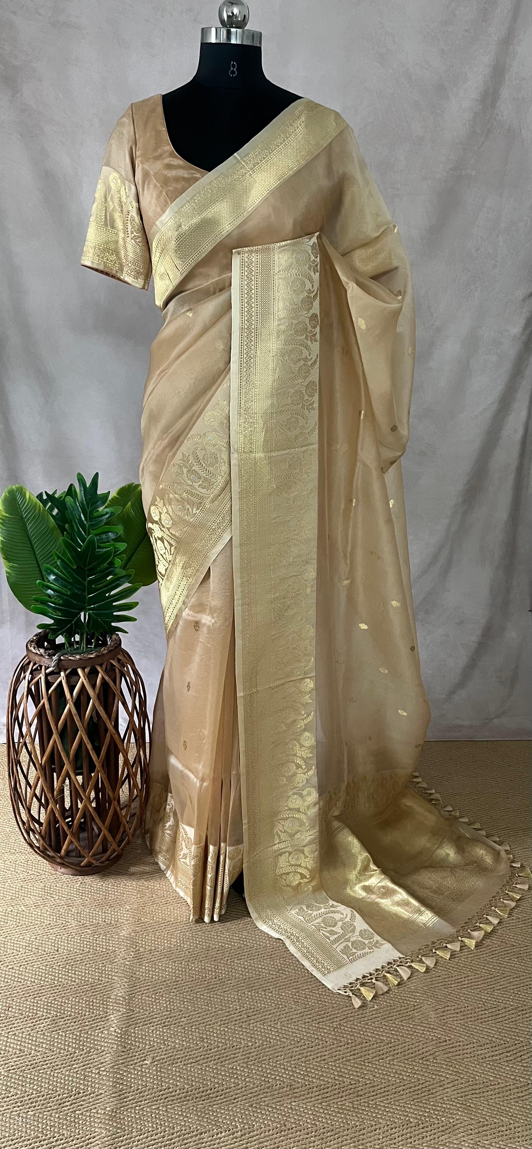 Sandal color pure organza silk saree with katan border and stitched blouse