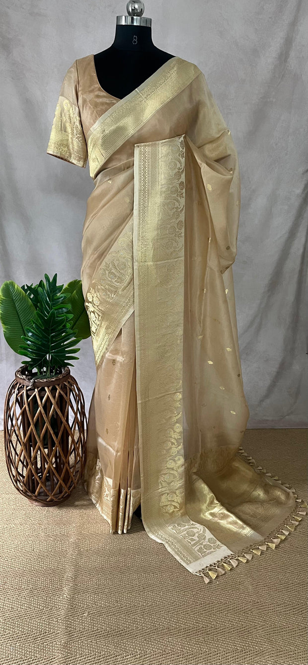 Sandal color Pure Organza silk saree with katan border, with stitched blouse