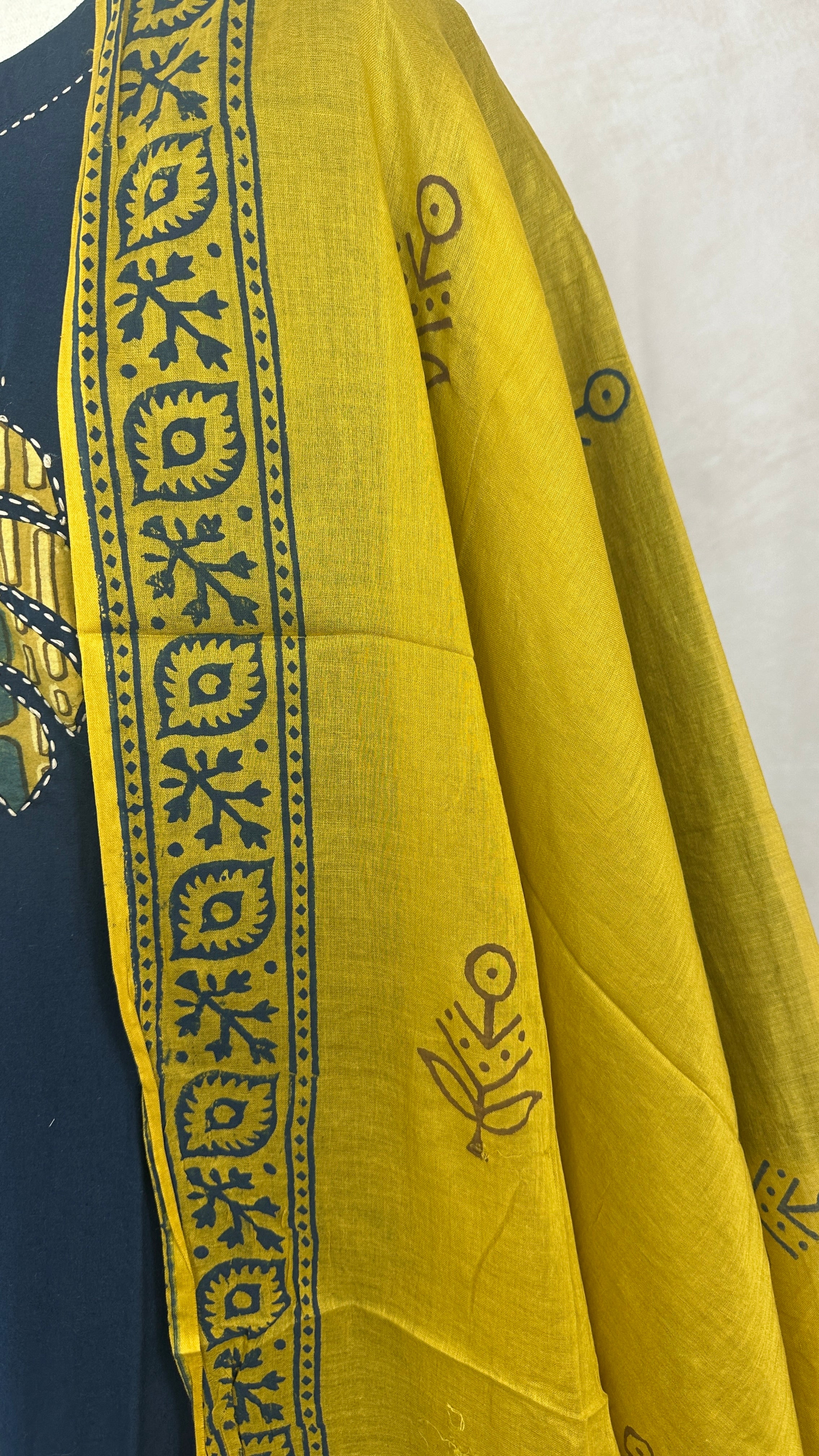 Indigo blue cotton kurti with mirror and handwork, with bottom and dupatta