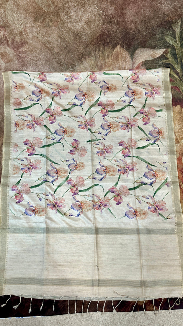 Off white floral printed semi tussar silk saree with stitched blouse