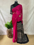 Modal silk saree with bead and mirror work , stitched blouse