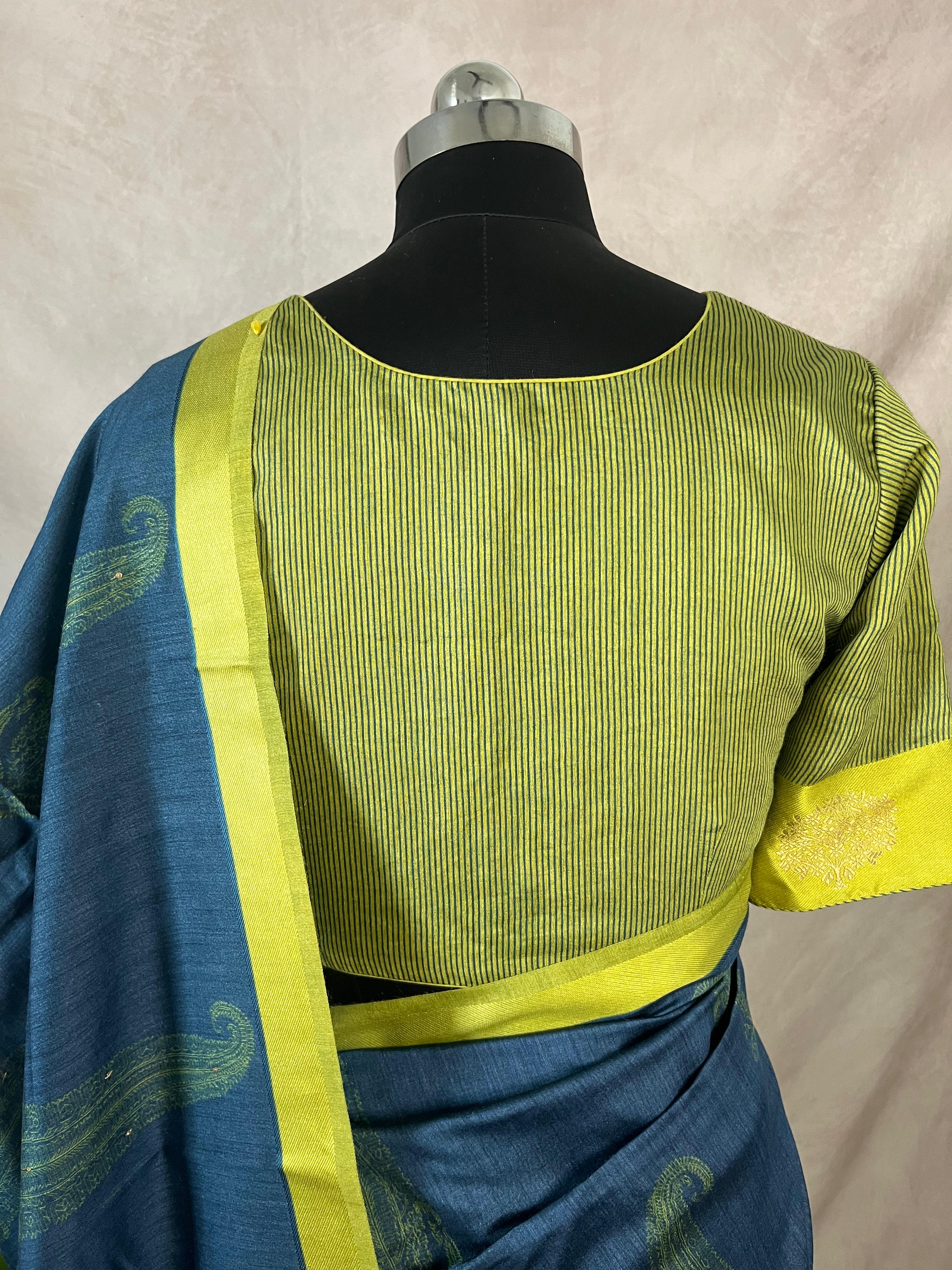 Printed blended tussar silk saree with hand work and stitched blouse