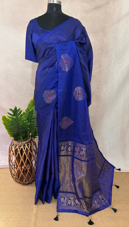 Blue pure Kanchivaram soft silk saree with stitched blouse