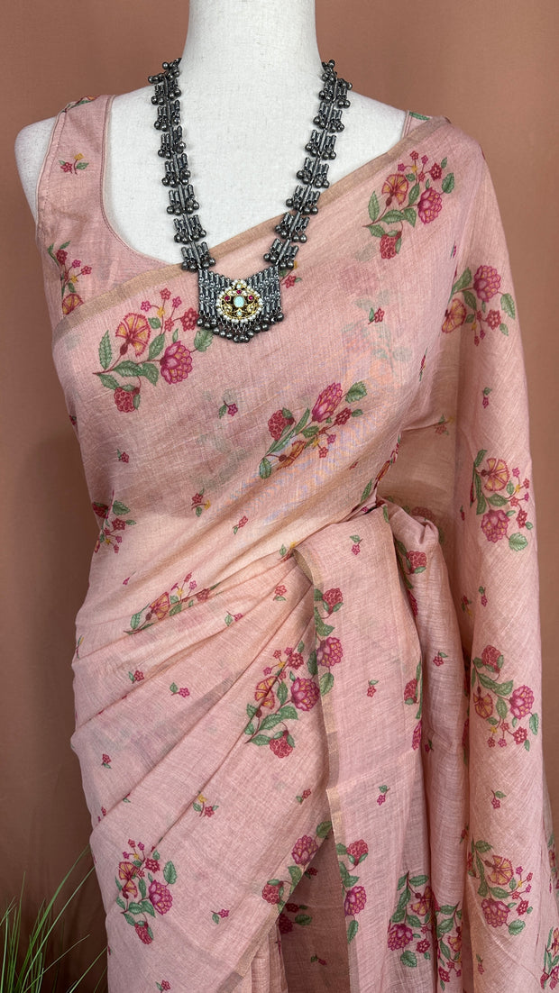Tissue chanderi printed cotton saree with stitched blouse