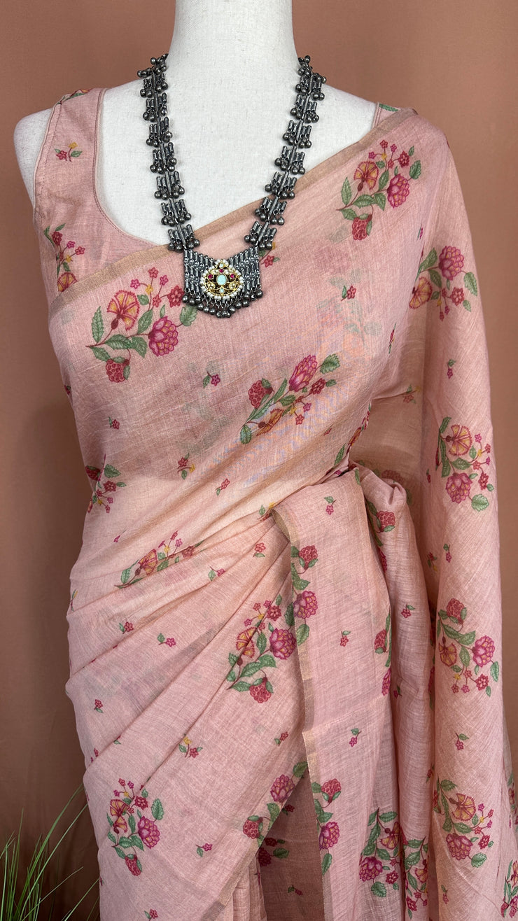 Tissue chanderi printed cotton saree with stitched blouse