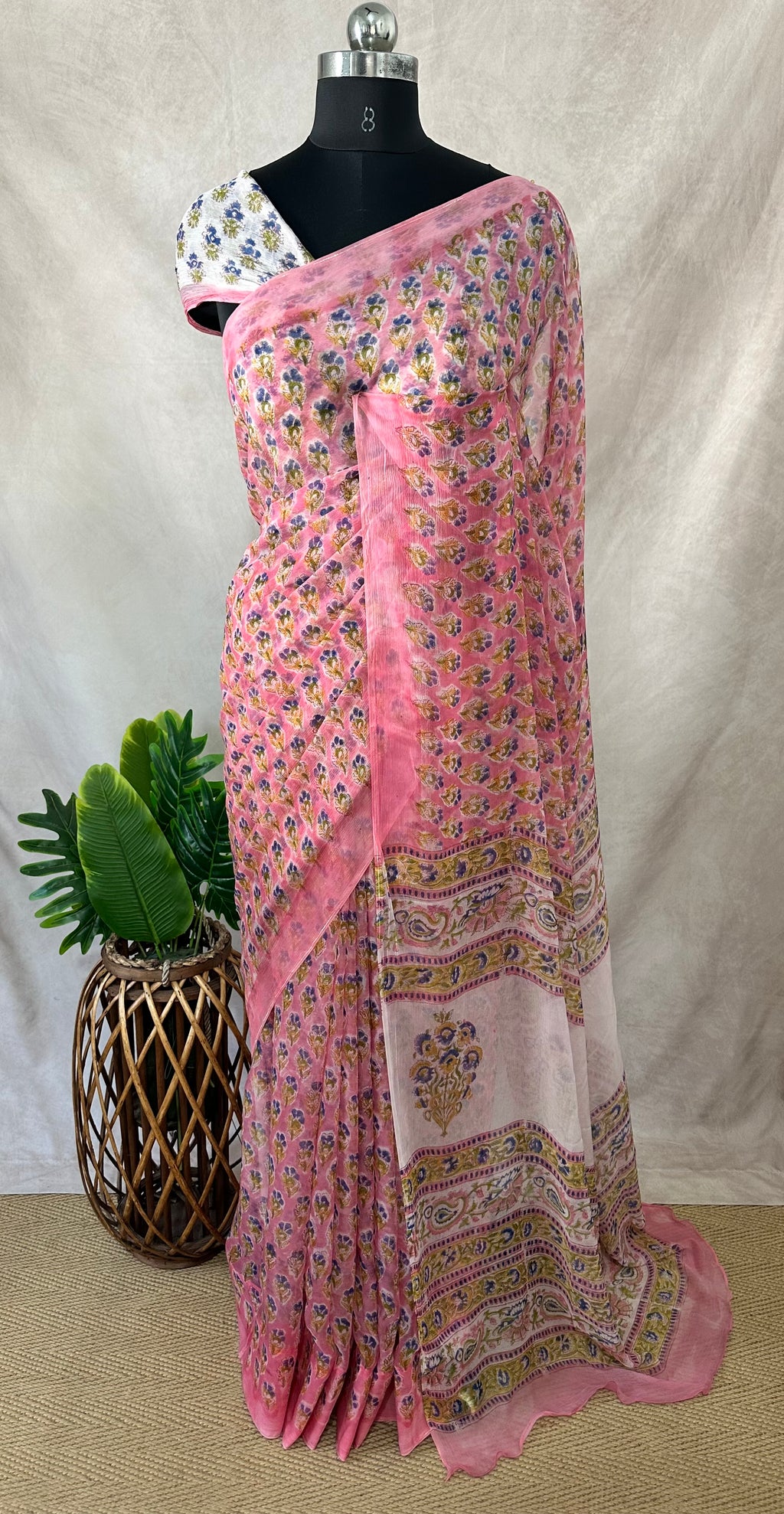 Premium handblock printed Pure Chiffon saree , with BP