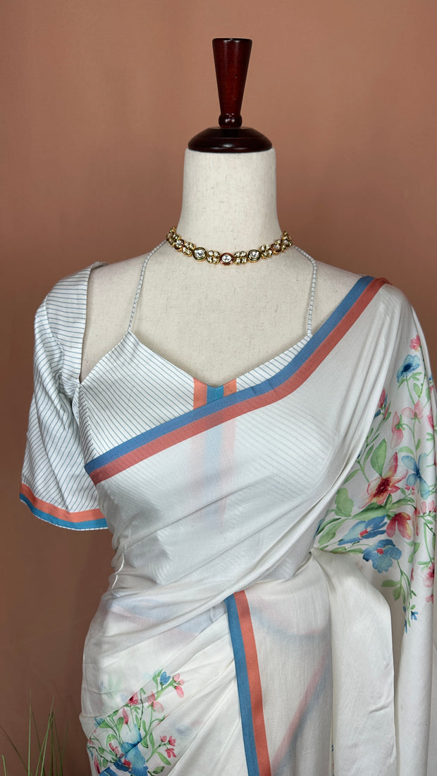 Aliya Bhatt White floral printed pure satin silk saree with stitched blouse