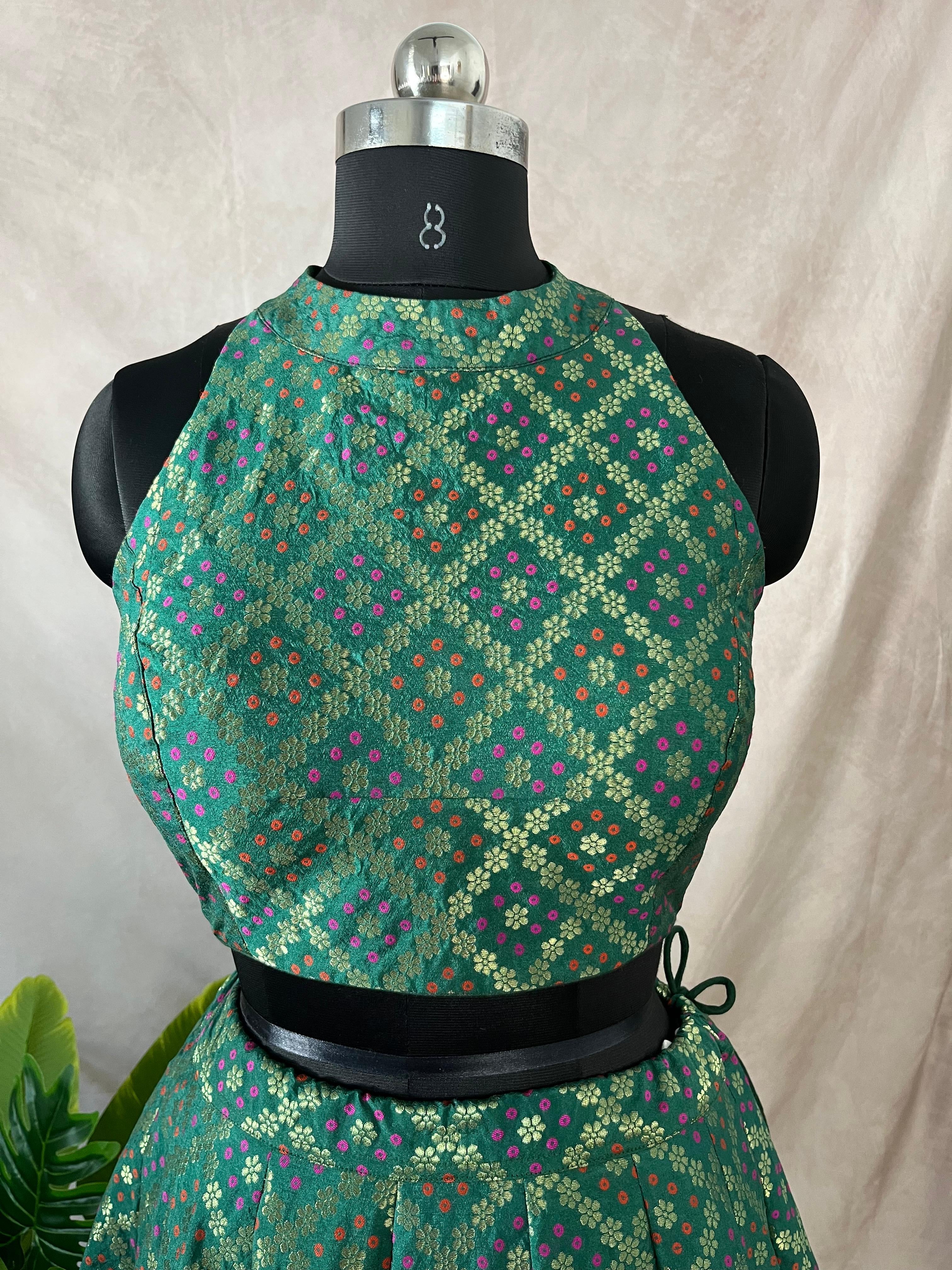 Green Banarsi skirt with crop top