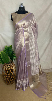 Lilac Tissue Kotta silk saree with mirror and chikankari work, with stitched blouse