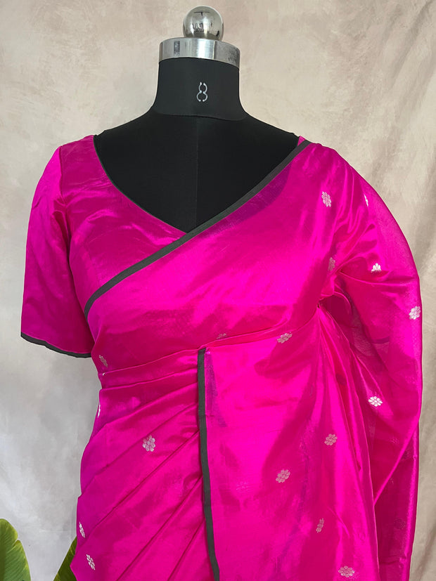 Hot pink chanderi silk saree with stitched blouse