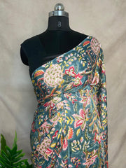 Greyish green vanaspathi handbloack print modal silk saree, with BP