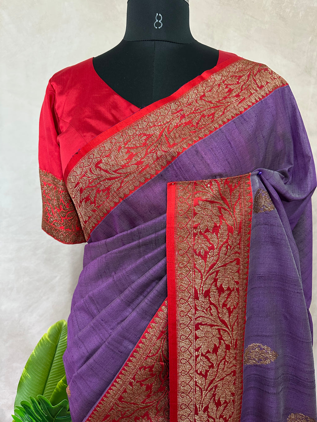 Egg plant raw silk saree with red banarsi borderr with stitched blouse
