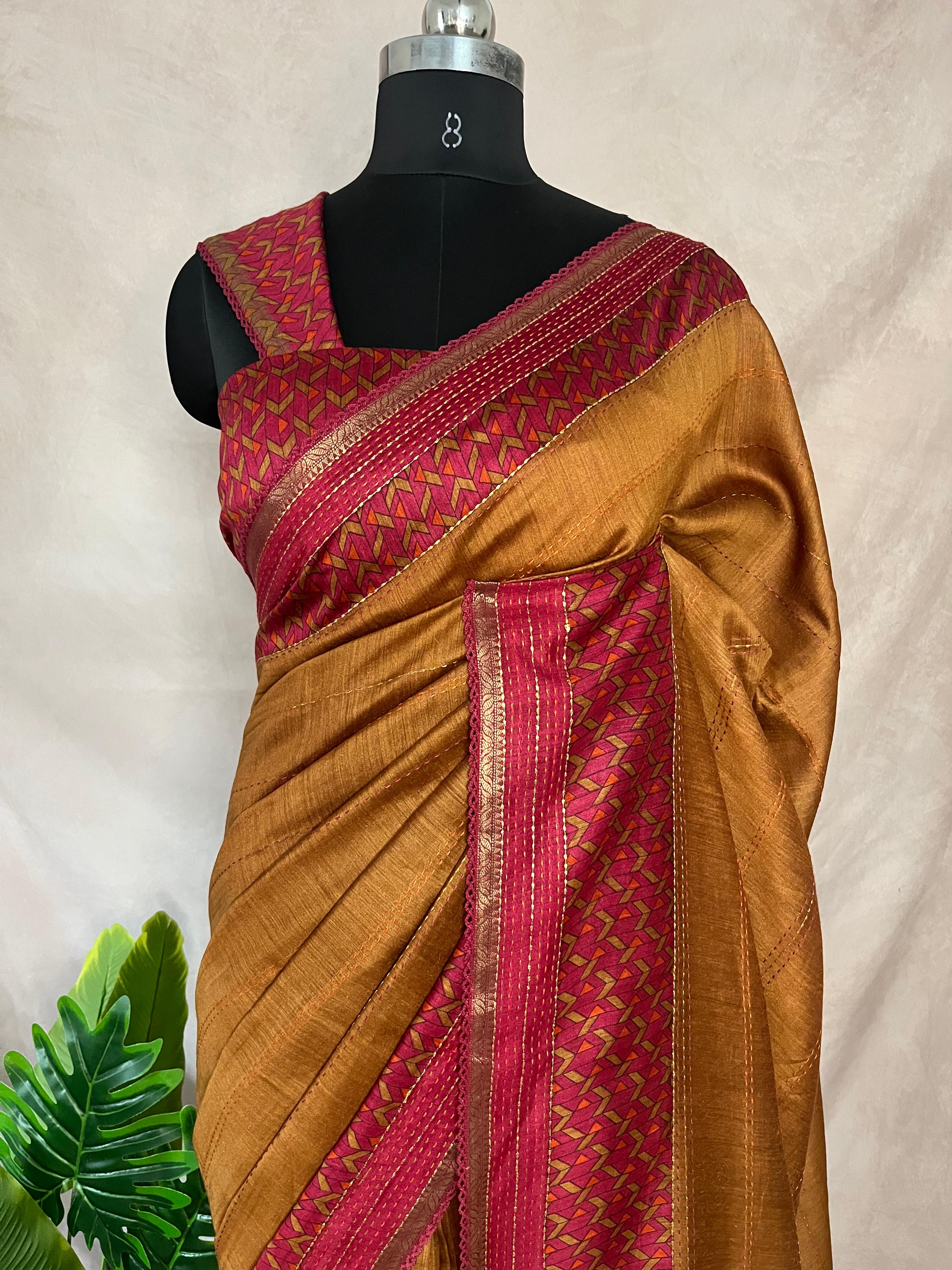 Mustard yellow and pink blended  tussar silk kantha work, and BP