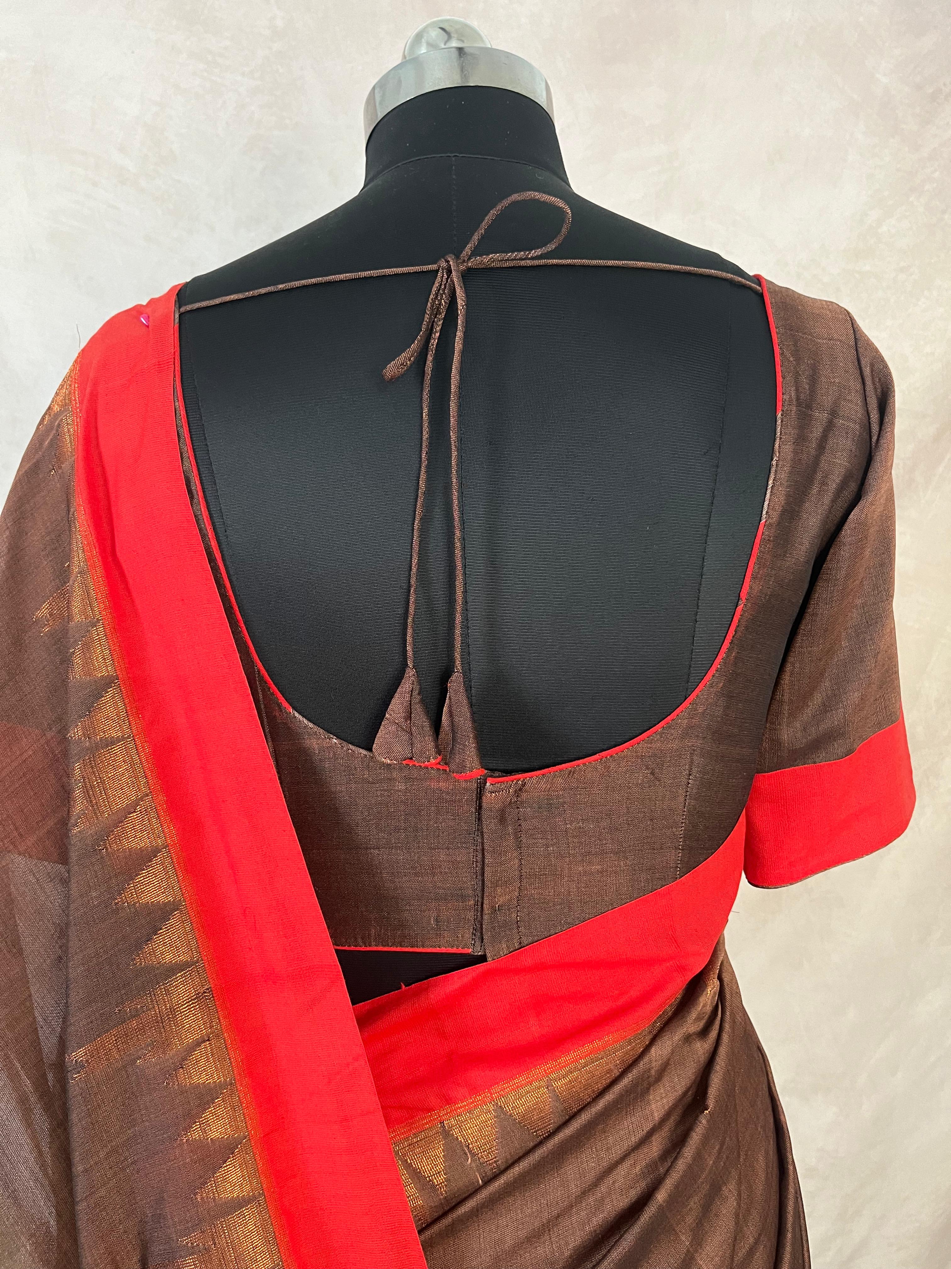Handloom cotton saree with temple border and stitched blouse