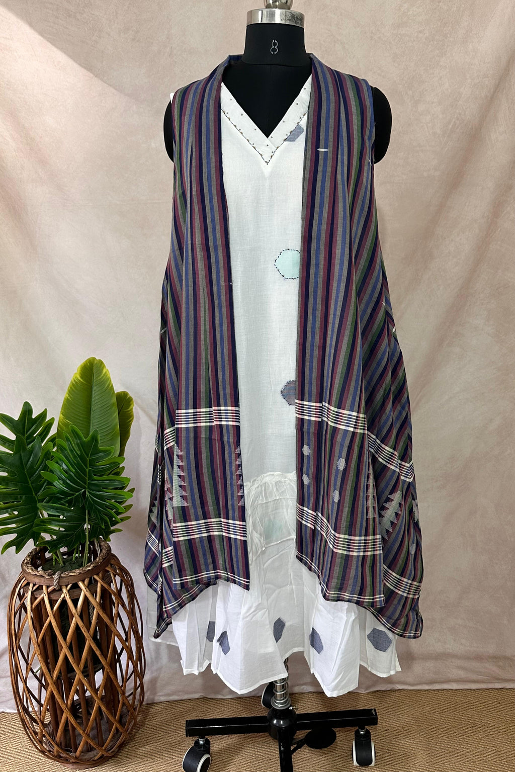 White pure cotton jamdani dress with long shrugg
