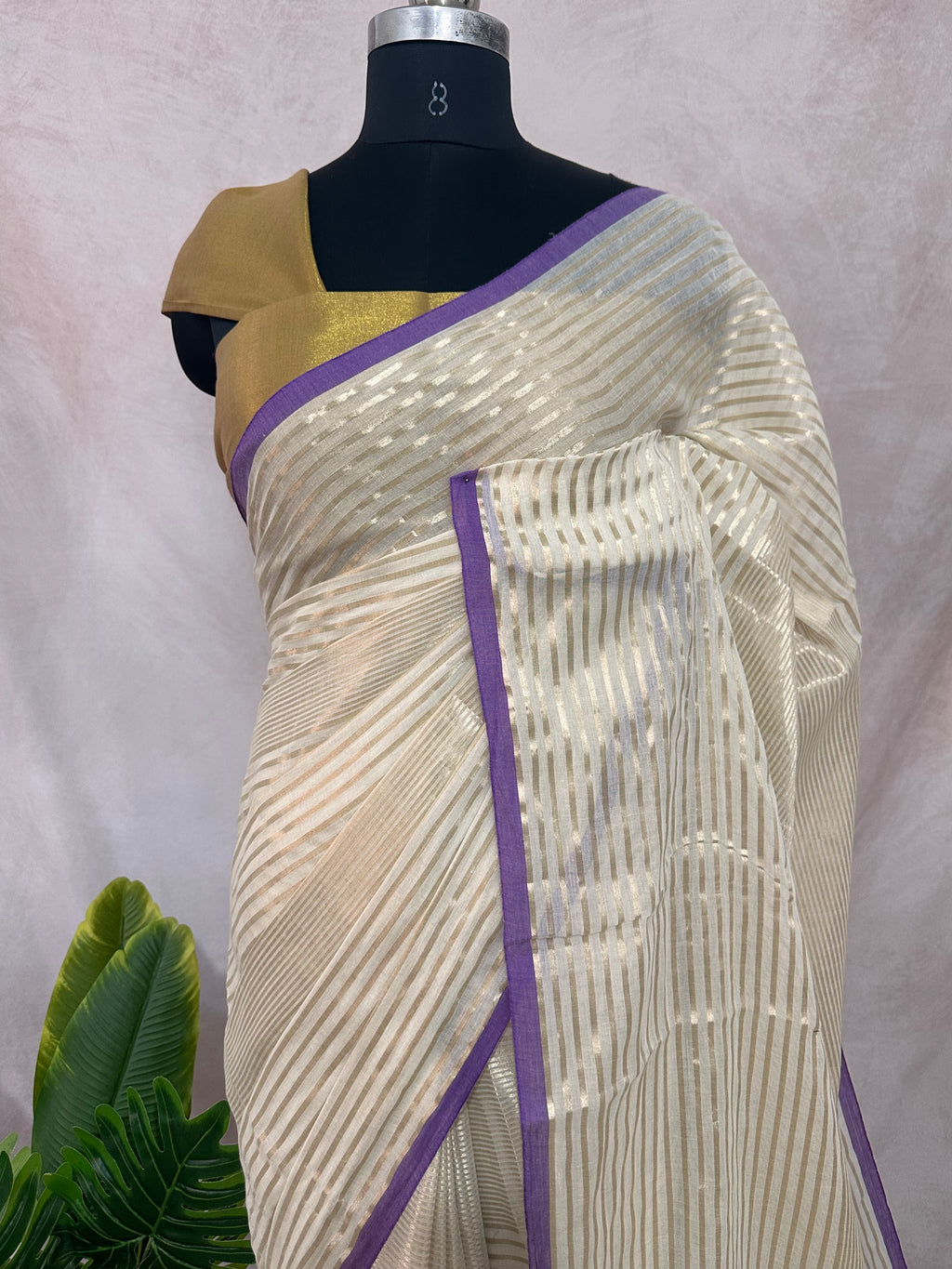 Mauve purple 120 count mulcotton saree with zari lines