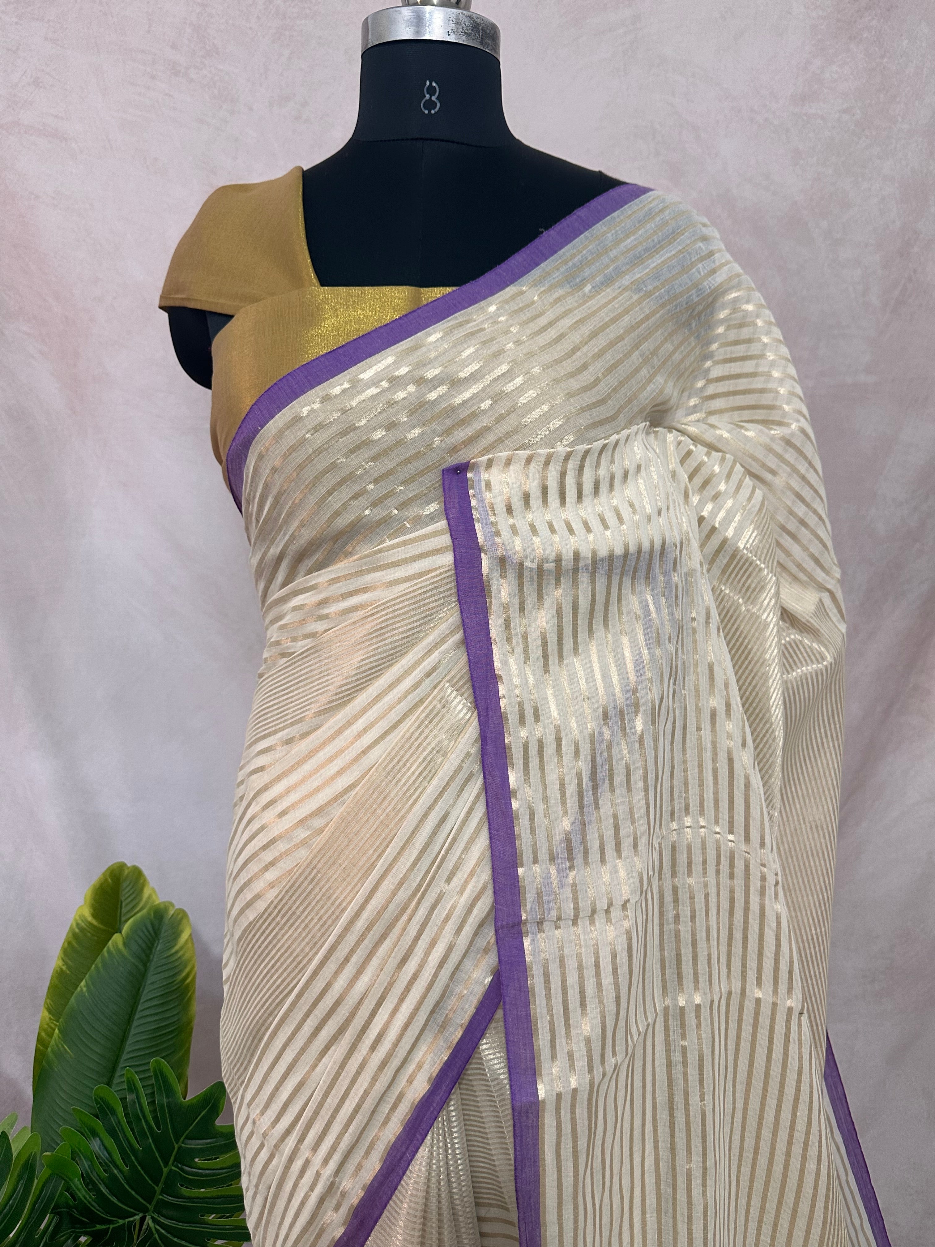 Mauve purple 120 count mulcotton saree with zari lines
