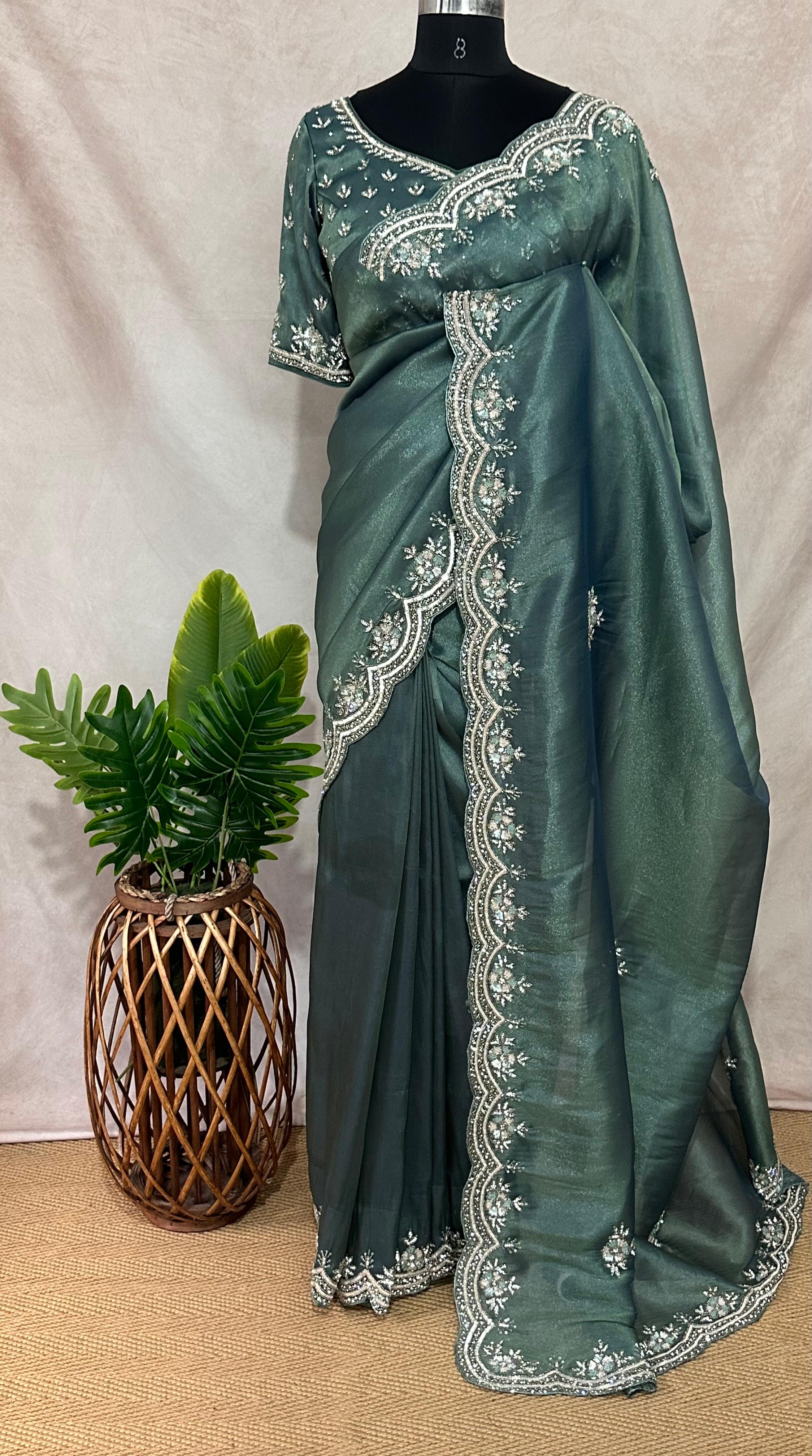 Dark Sea Green tissue designer saree with stitched blouse and under skirt