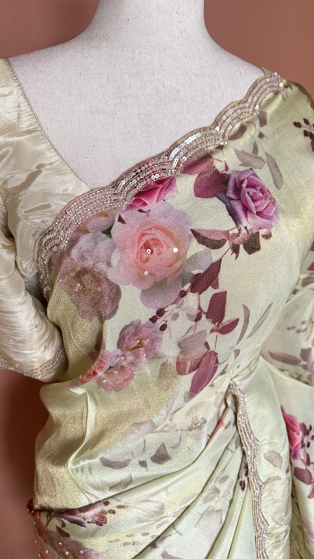 Tissue crepe silk saree with sequins border, stitched blouse