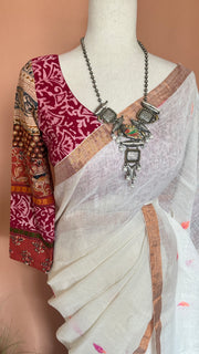 White  tissue linen saree with jamdani weave, with BP