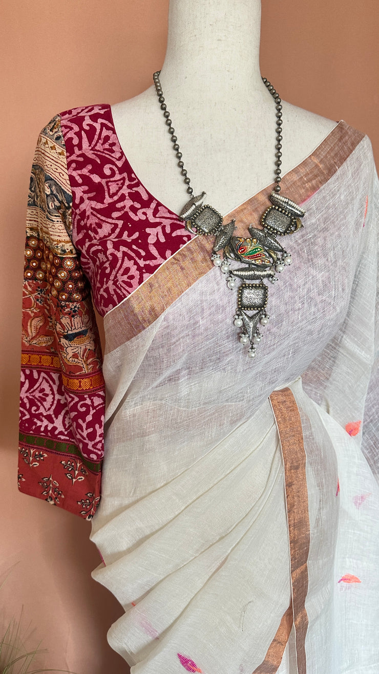White  tissue linen saree with jamdani weave, with BP