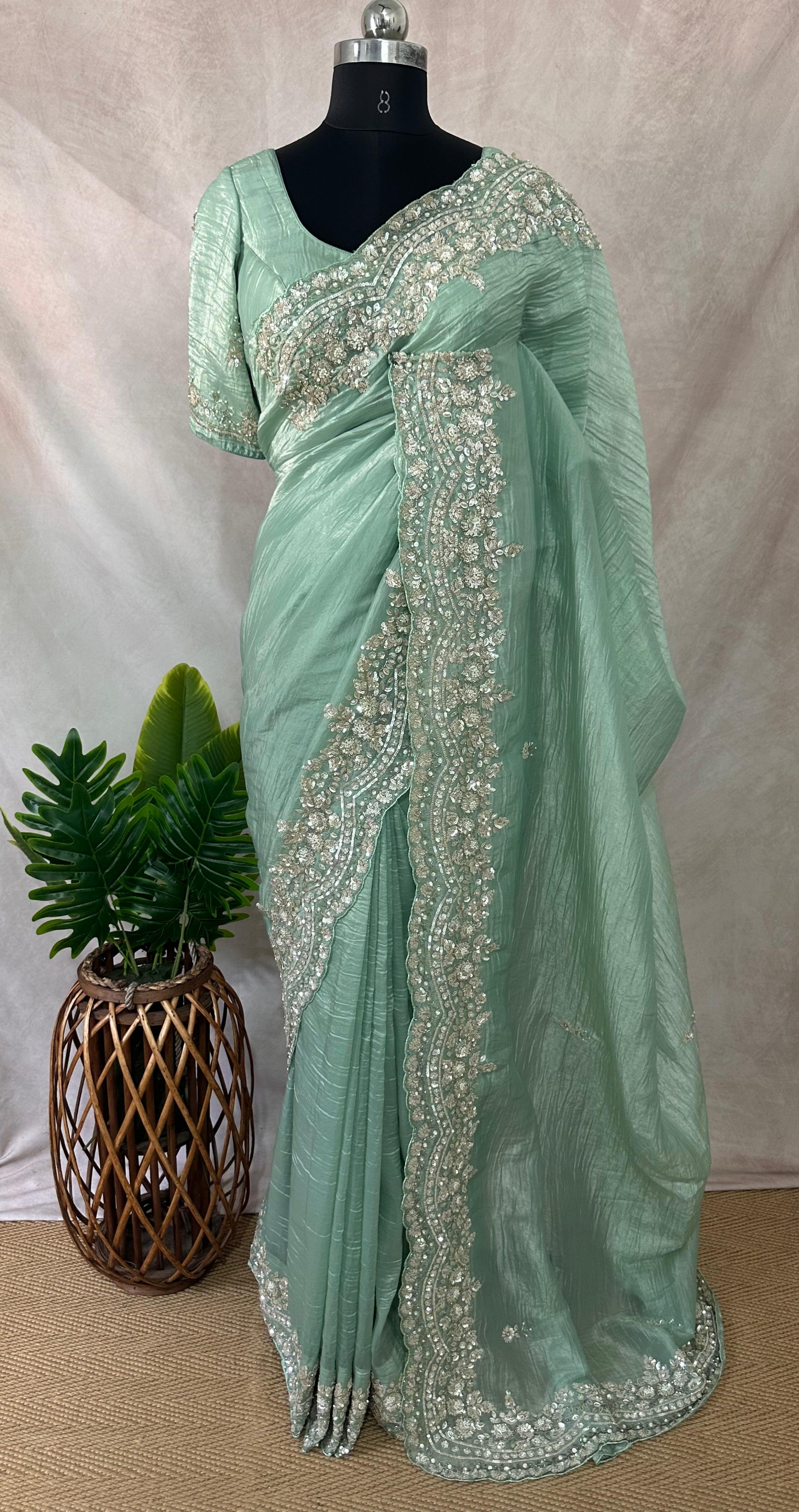 Crushed tissue designer saree with stitched blouse and under skirt